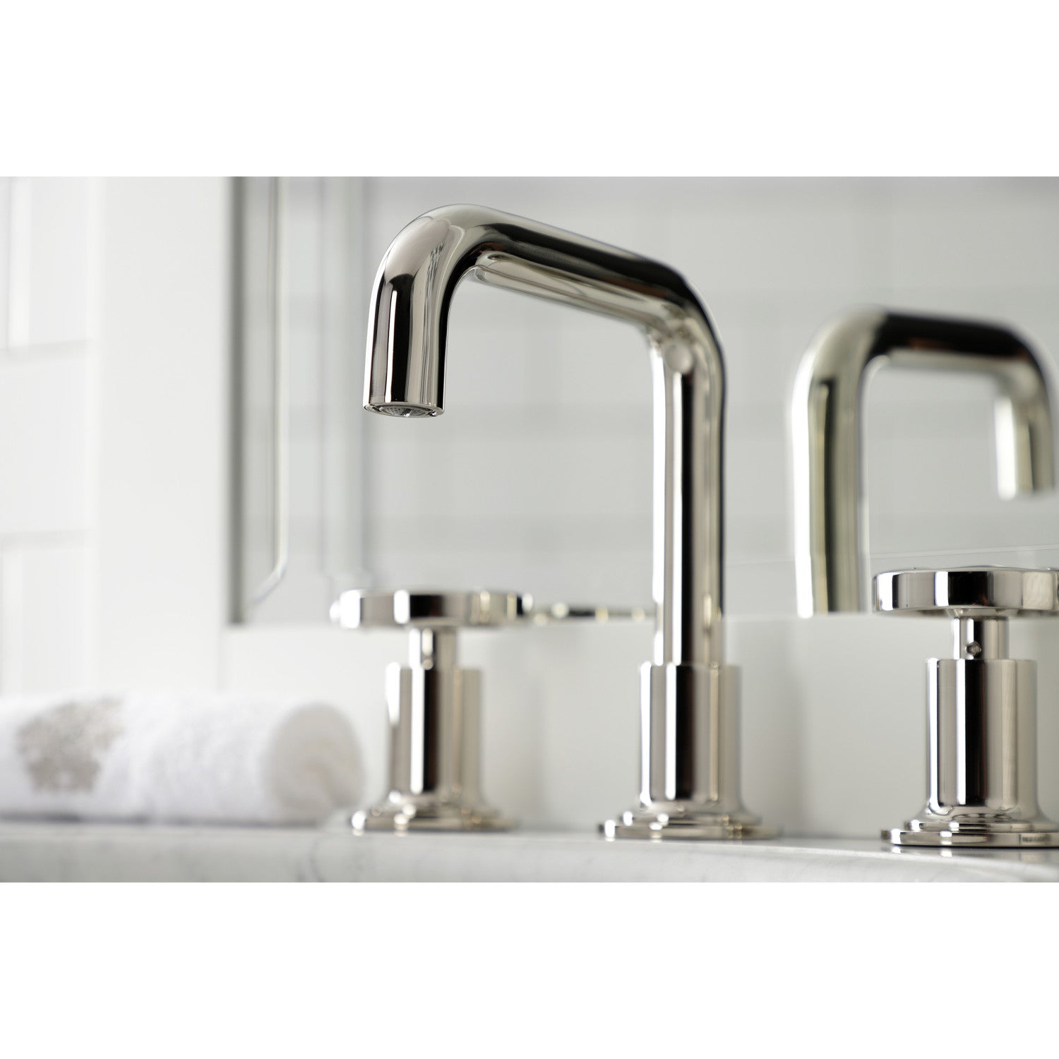 Kingston Sona KS142RXPN - Belknap Two-Handle 3-Hole Deck Mount Widespread Bathroom Faucet with Push Pop-Up Drain, Polished Nickel — thumbnail 3